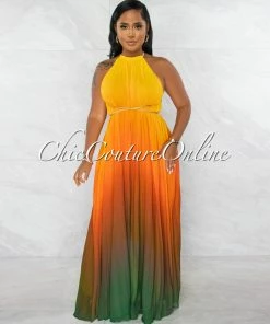 Chic Couture Online JUST IN Lestine Yellow Green Ombre Halter Maxi Pleated Dress