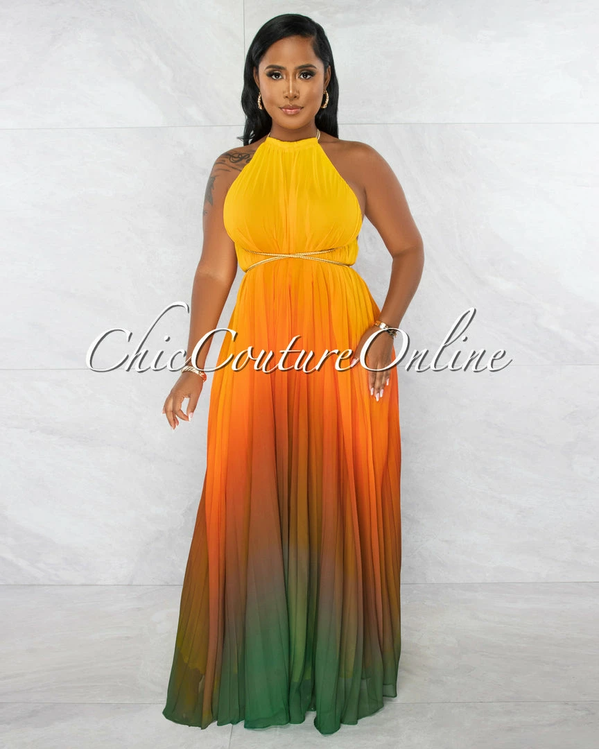 Chic Couture Online JUST IN Lestine Yellow Green Ombre Halter Maxi Pleated Dress