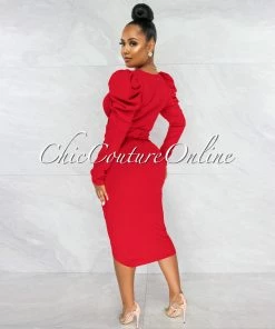 Vendor-unknown JUST IN Johana Red Draped Bubble Sleeves & Belt Midi Dress
