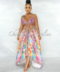 Chic Couture Online Mirena Blue Orange Multi-Color Rhinestones Halter Maxi Dress JUST IN