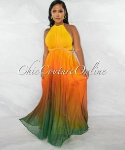 Chic Couture Online JUST IN Lestine Yellow Green Ombre Halter Maxi Pleated Dress