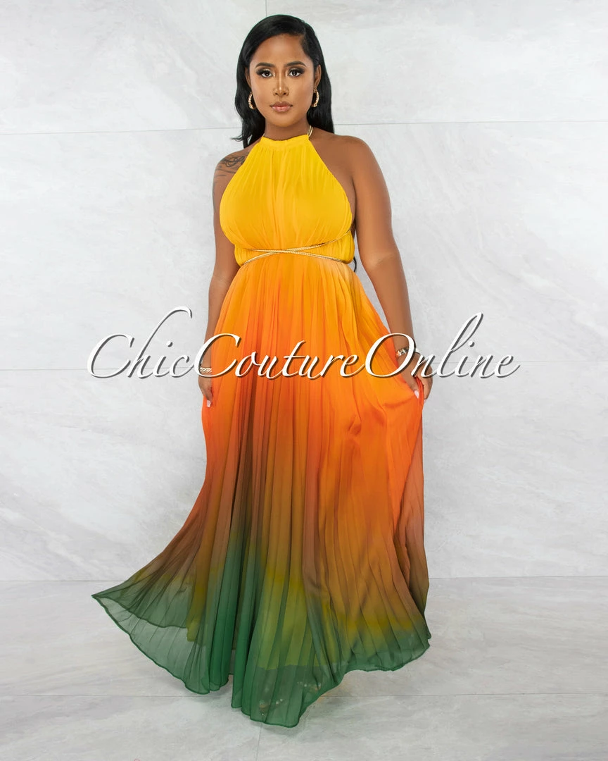Chic Couture Online JUST IN Lestine Yellow Green Ombre Halter Maxi Pleated Dress
