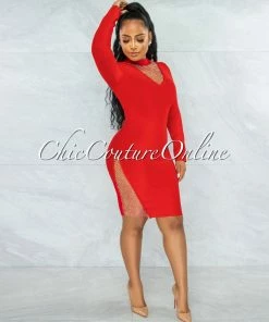 Vendor-unknown Patrice Red Rhinestones Net Bandage Long Sleeves Dress