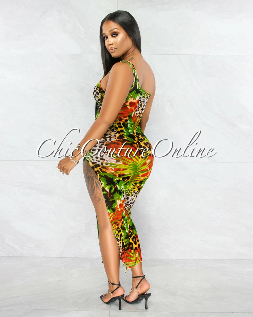 Vendor-unknown Heladia Green Palm Print Sheer Single Shoulder Midi Dress JUST IN
