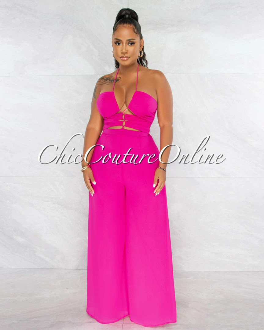 Chic Couture Online JUST IN Boniface Fuchsia Front Cut-Out Lace-Up Jumpsuit