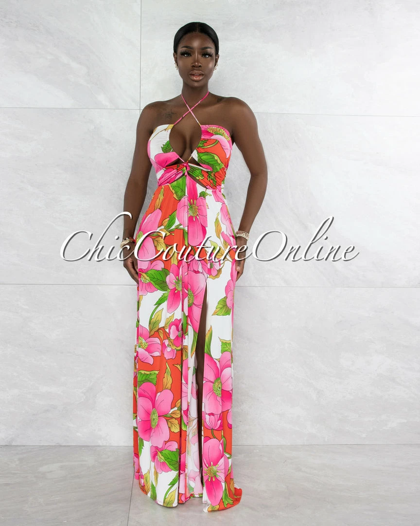 Vendor-unknown Haldana Pink Floral Print Bust Lace-Up Maxi Dress JUST IN