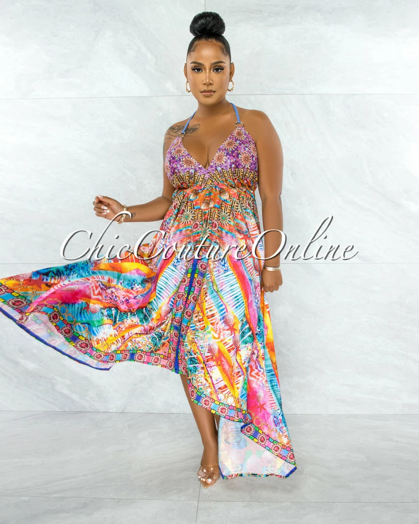 Chic Couture Online Mirena Blue Orange Multi-Color Rhinestones Halter Maxi Dress JUST IN
