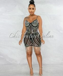 Vendor-unknown JUST IN Kinsley Black Mesh Iridescent Fringe Rhinestones Dress