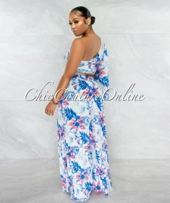 Chic Couture Online JUST IN Boston White Blue Floral Crop Top & Wide Pleated Pants Set