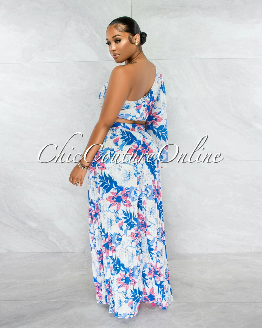 Chic Couture Online JUST IN Boston White Blue Floral Crop Top & Wide Pleated Pants Set