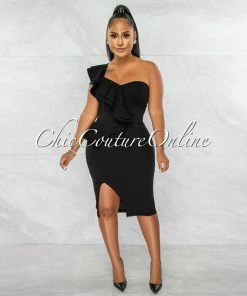Chic Couture Online Corin Black Single Shoulder Ruffle Midi Dress