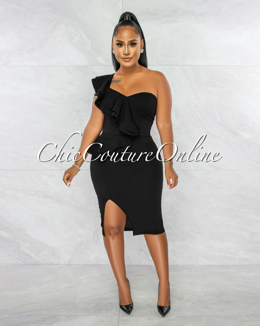 Chic Couture Online Corin Black Single Shoulder Ruffle Midi Dress