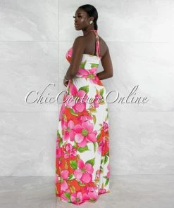 Vendor-unknown Haldana Pink Floral Print Bust Lace-Up Maxi Dress JUST IN