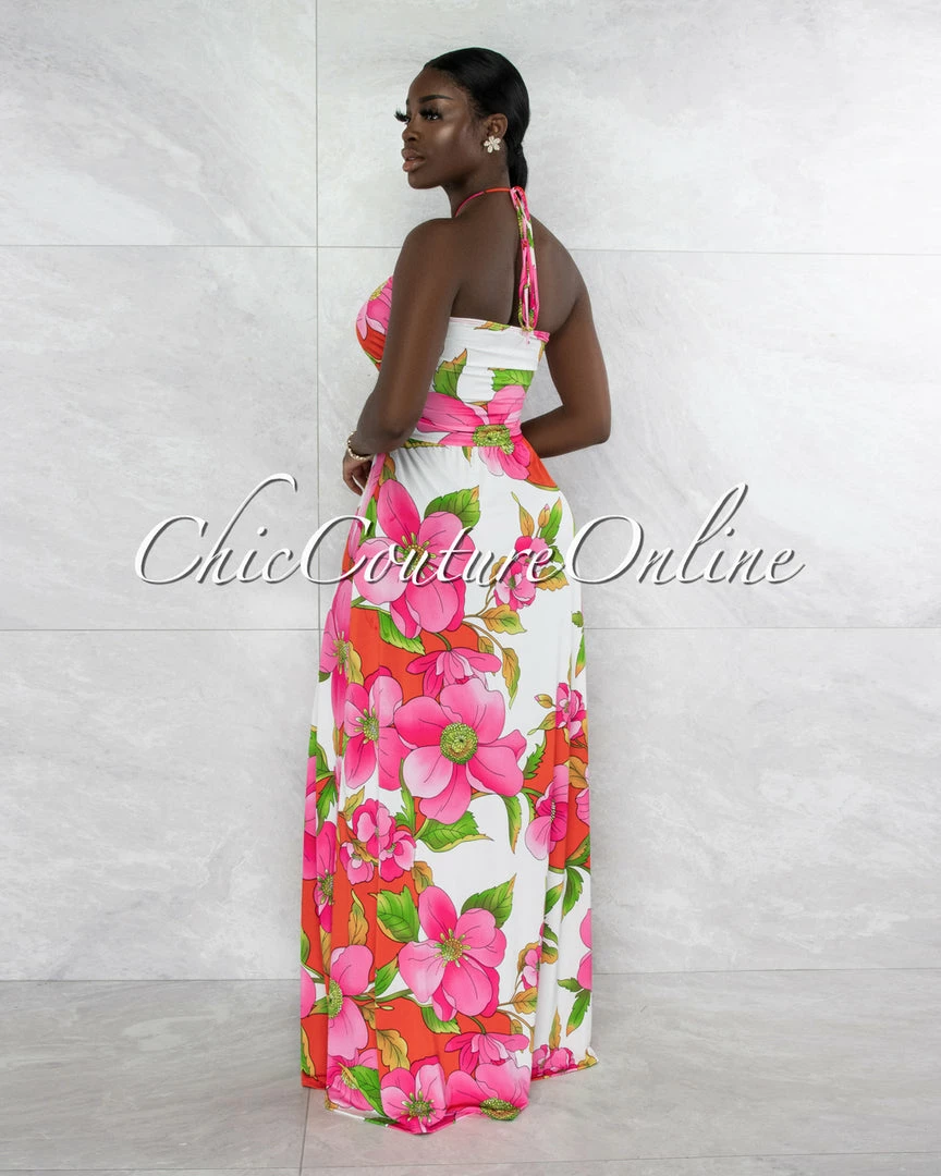 Vendor-unknown Haldana Pink Floral Print Bust Lace-Up Maxi Dress JUST IN