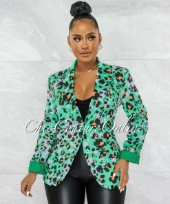 Vendor-unknown Leesha Green Leopard Print Boyfriend Blazer JUST IN