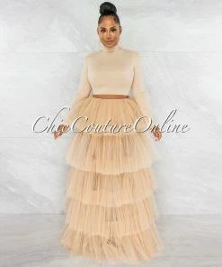 Vendor-unknown JUST IN Auduna Nude Long Sleeves Top & Tulle Ruffle Maxi Skirt Set