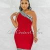 Chic Couture Online Rokka Red White Black Fret Print Strapless Bandage Dress