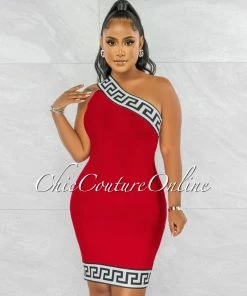 Chic Couture Online Rokka Red White Black Fret Print Strapless Bandage Dress