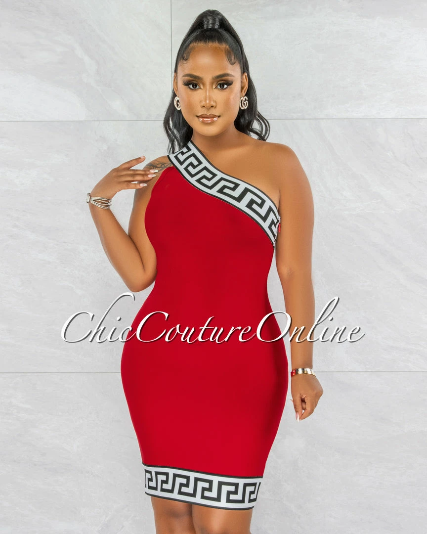 Chic Couture Online Rokka Red White Black Fret Print Strapless Bandage Dress