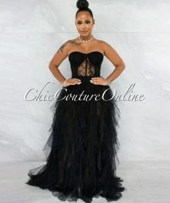 Vendor-unknown Andreina Black Lace Top Tulle Ruffles Maxi Dress