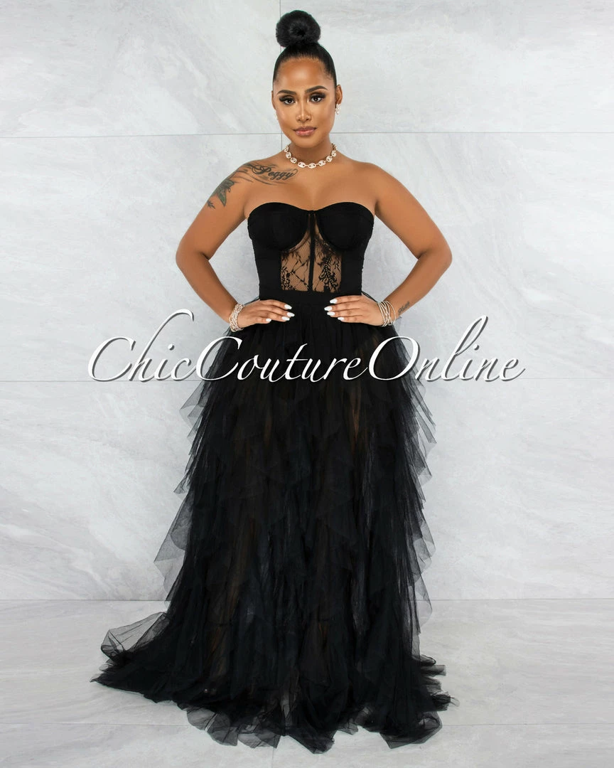 Vendor-unknown Andreina Black Lace Top Tulle Ruffles Maxi Dress