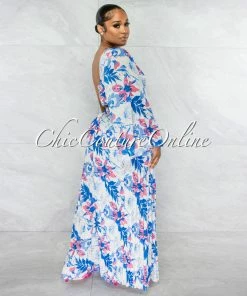 Chic Couture Online JUST IN Boston White Blue Floral Crop Top & Wide Pleated Pants Set