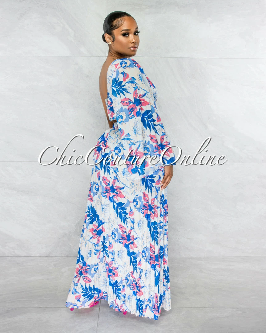 Chic Couture Online JUST IN Boston White Blue Floral Crop Top & Wide Pleated Pants Set