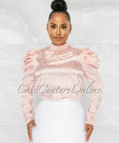 Chic Couture Online Audrina Pink Leopard Print Silky Bubble Sleeves Blouse