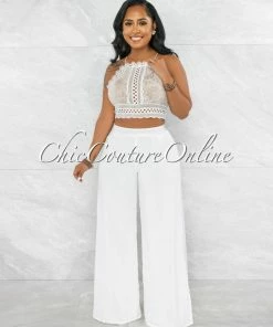 Vendor-unknown Lidie White Crochet Top Wide Legs Pants Set
