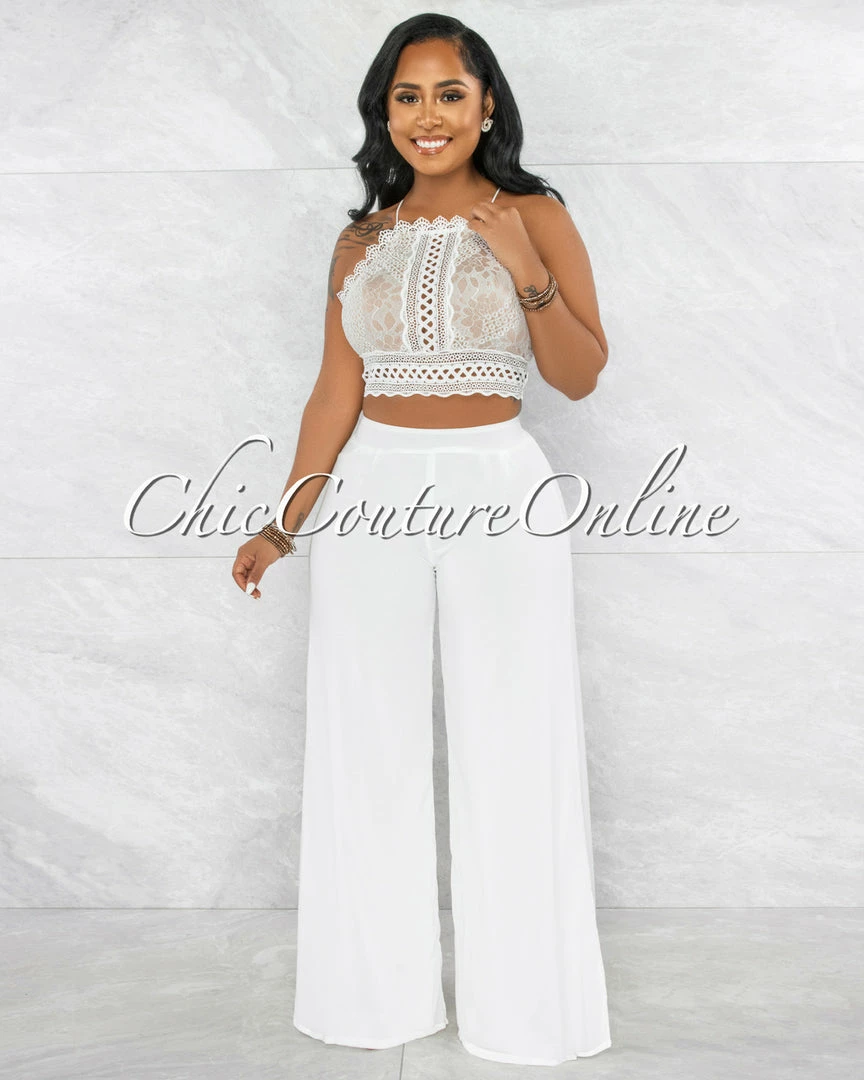 Vendor-unknown Lidie White Crochet Top Wide Legs Pants Set