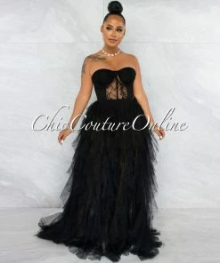 Vendor-unknown Andreina Black Lace Top Tulle Ruffles Maxi Dress