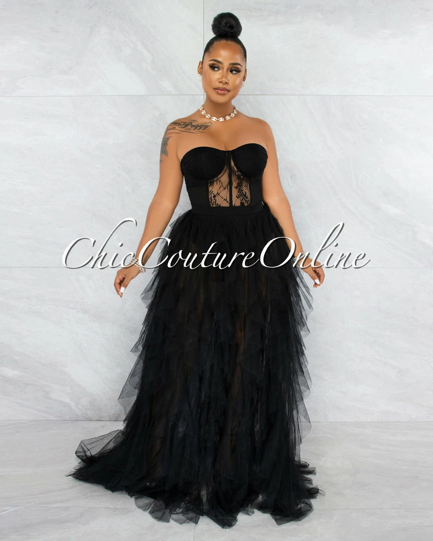 Vendor-unknown Andreina Black Lace Top Tulle Ruffles Maxi Dress