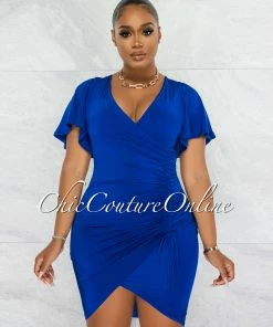 Chic Couture Online Dalie Royal Blue Wrap Ruched Side Midi Dress