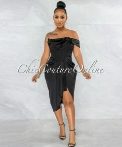 Vendor-unknown JUST IN Analisa Black Satin Drape Corset Midi Dress