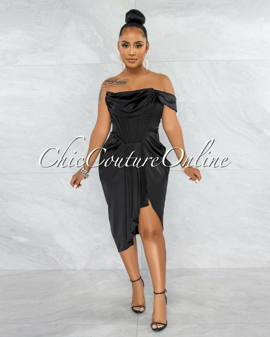 Vendor-unknown JUST IN Analisa Black Satin Drape Corset Midi Dress