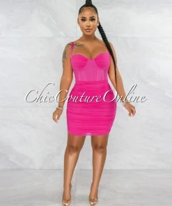 Vendor-unknown JUST IN Bassett Hot Pink Mesh Ruched Bandage Corset Dress