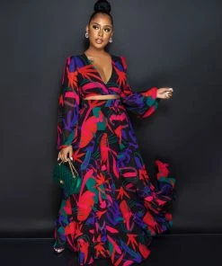 Chic Couture Online Maninder Black Multi-Color Floral Print Top & Maxi Skirt Set