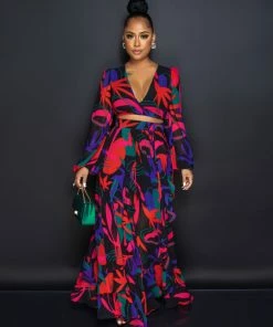 Chic Couture Online Maninder Black Multi-Color Floral Print Top & Maxi Skirt Set