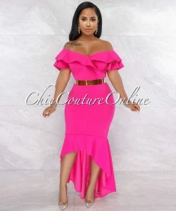 Vendor-unknown Macaria Fuchsia Ruffle Neckline Hi-Lo Dress JUST IN