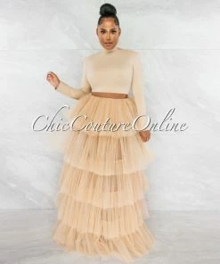 Vendor-unknown JUST IN Auduna Nude Long Sleeves Top & Tulle Ruffle Maxi Skirt Set