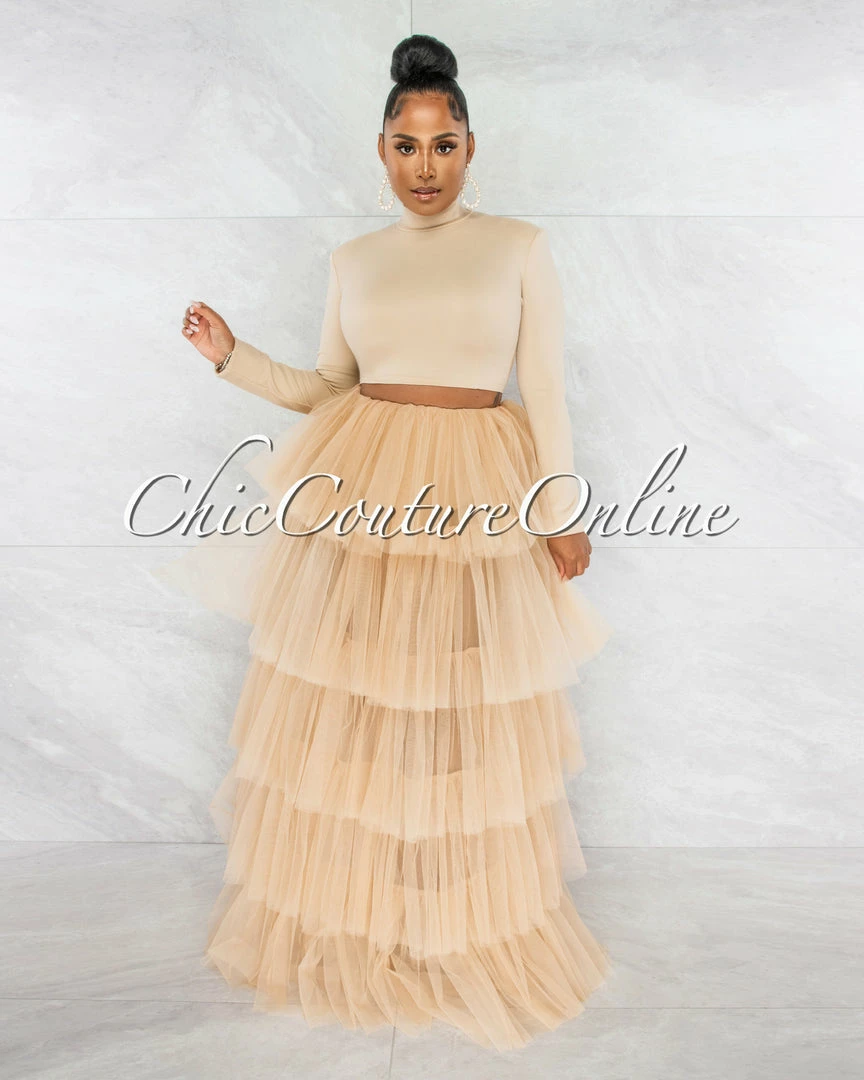 Vendor-unknown JUST IN Auduna Nude Long Sleeves Top & Tulle Ruffle Maxi Skirt Set