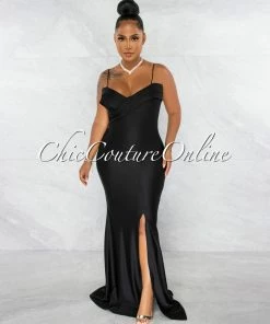 Chic Couture Online Klaus Black Off-The Shoulders Side Slit Maxi Dress JUST IN