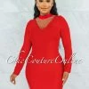 Vendor-unknown Patrice Red Rhinestones Net Bandage Long Sleeves Dress