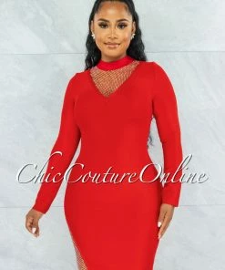 Vendor-unknown Patrice Red Rhinestones Net Bandage Long Sleeves Dress