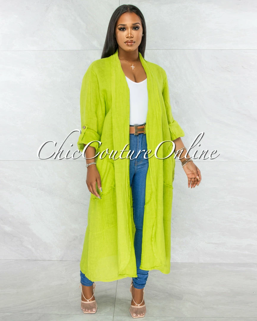 Vendor-unknown Mendoza Green LINEN Side Pockets Duster JUST IN
