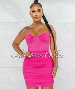 Vendor-unknown JUST IN Bassett Hot Pink Mesh Ruched Bandage Corset Dress