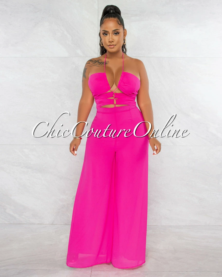 Chic Couture Online JUST IN Boniface Fuchsia Front Cut-Out Lace-Up Jumpsuit