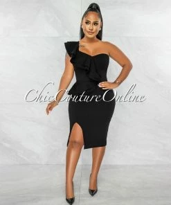 Chic Couture Online Corin Black Single Shoulder Ruffle Midi Dress