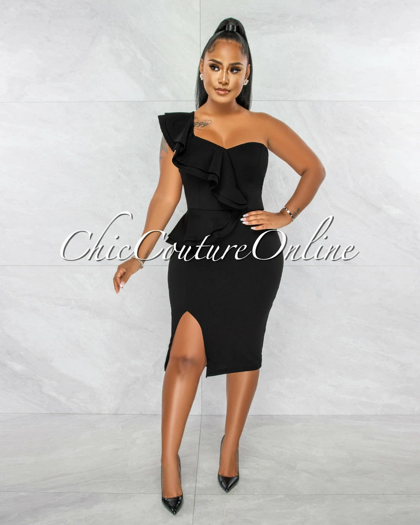 Chic Couture Online Corin Black Single Shoulder Ruffle Midi Dress