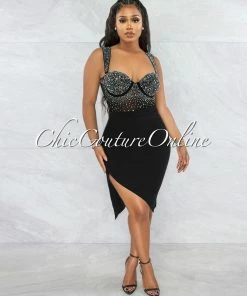 Vendor-unknown Jacaranda Black Rhinestones Bodysuit & Draped Skirt Set